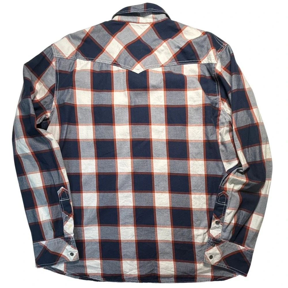 True Religion Cotton Flannel Shirt Mens 2XL Blue Orange Western Horseshoe Pocket